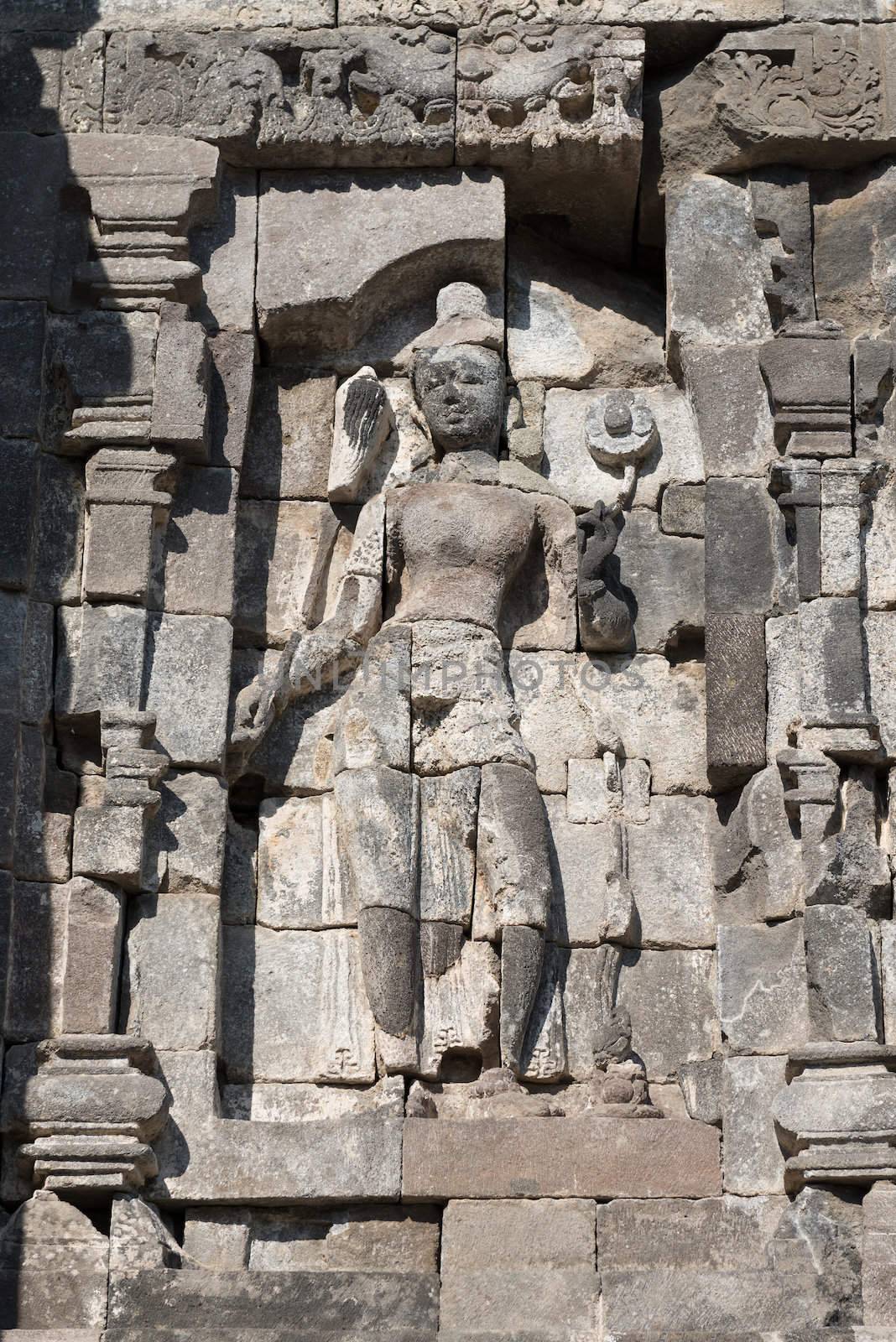 Avalokitesvara female deity relief in Candi Lumbung buddhist temple, Prambanan complex, Indonesia, Java, Yogyakarta 