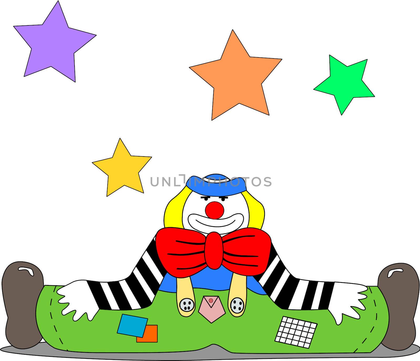 A cheerful clown sits on the ground with open legs with stars hanging in the air.
