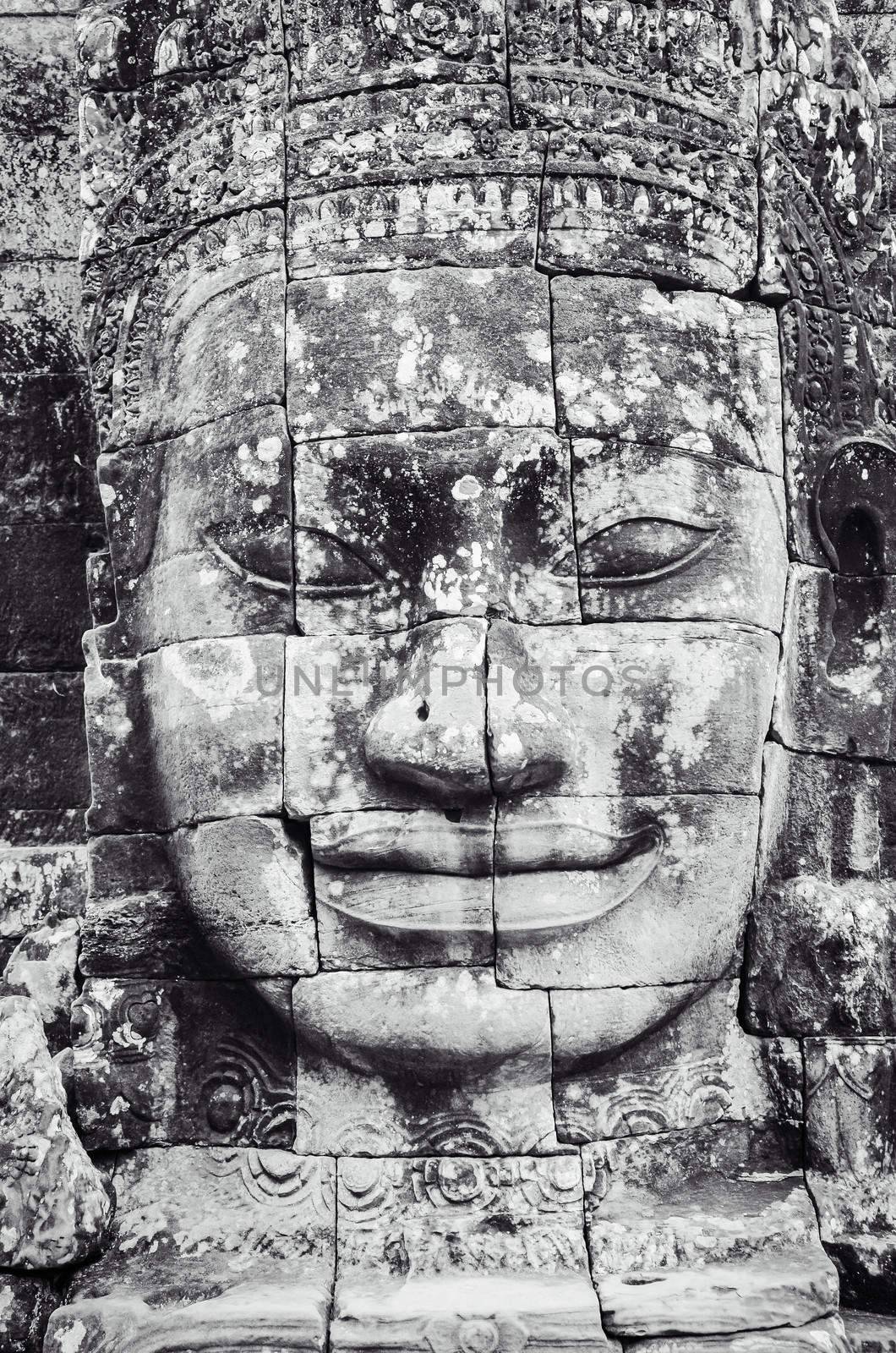 Detail of stone face in the Bayon temple at Angkor Wat, Cambodia