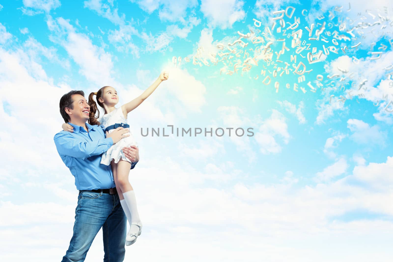 Image of happy father holding on hands daughter