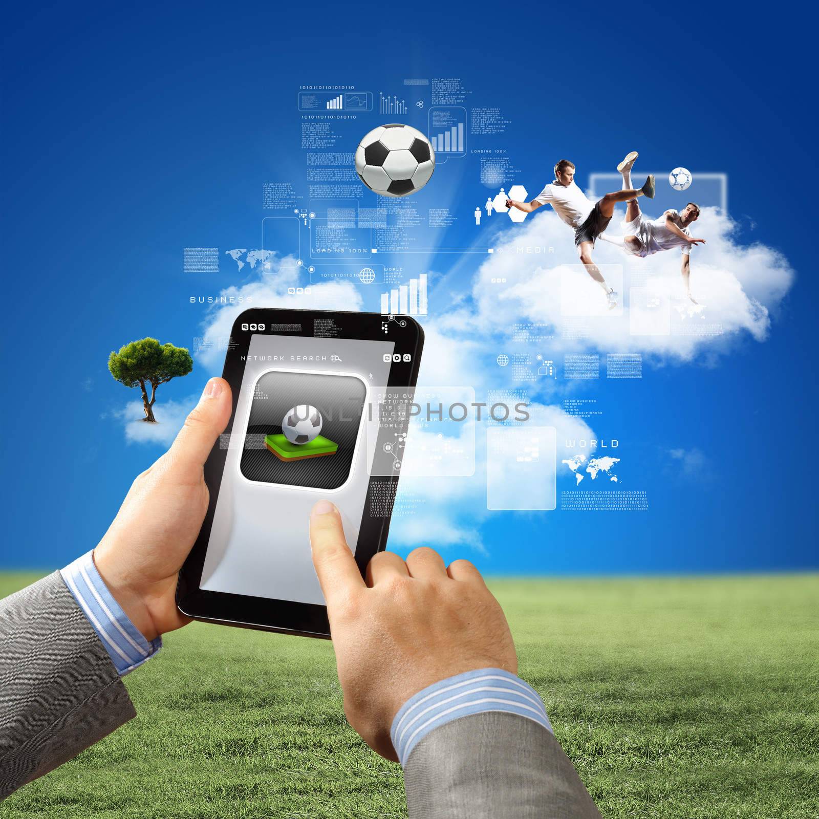 Close-up image of man's hands holding tablet pc with picture of ball