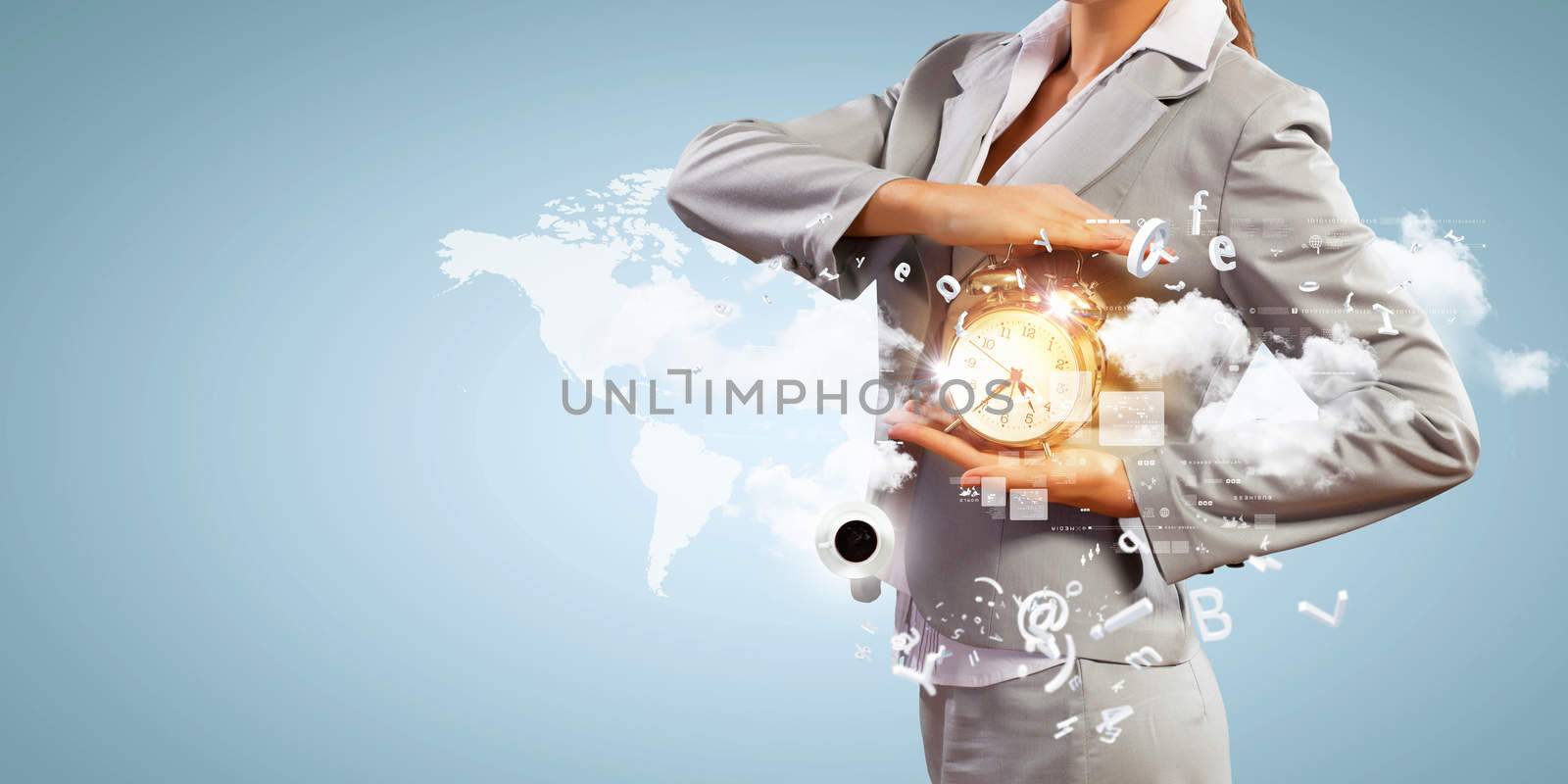 Image of businessman holding alarmclock against illustration background