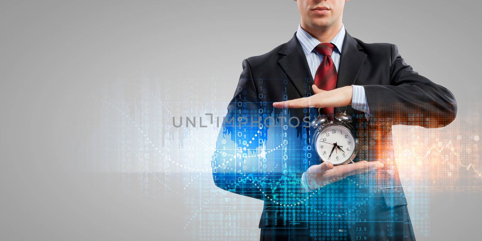 Image of businessman holding alarmclock against illustration background