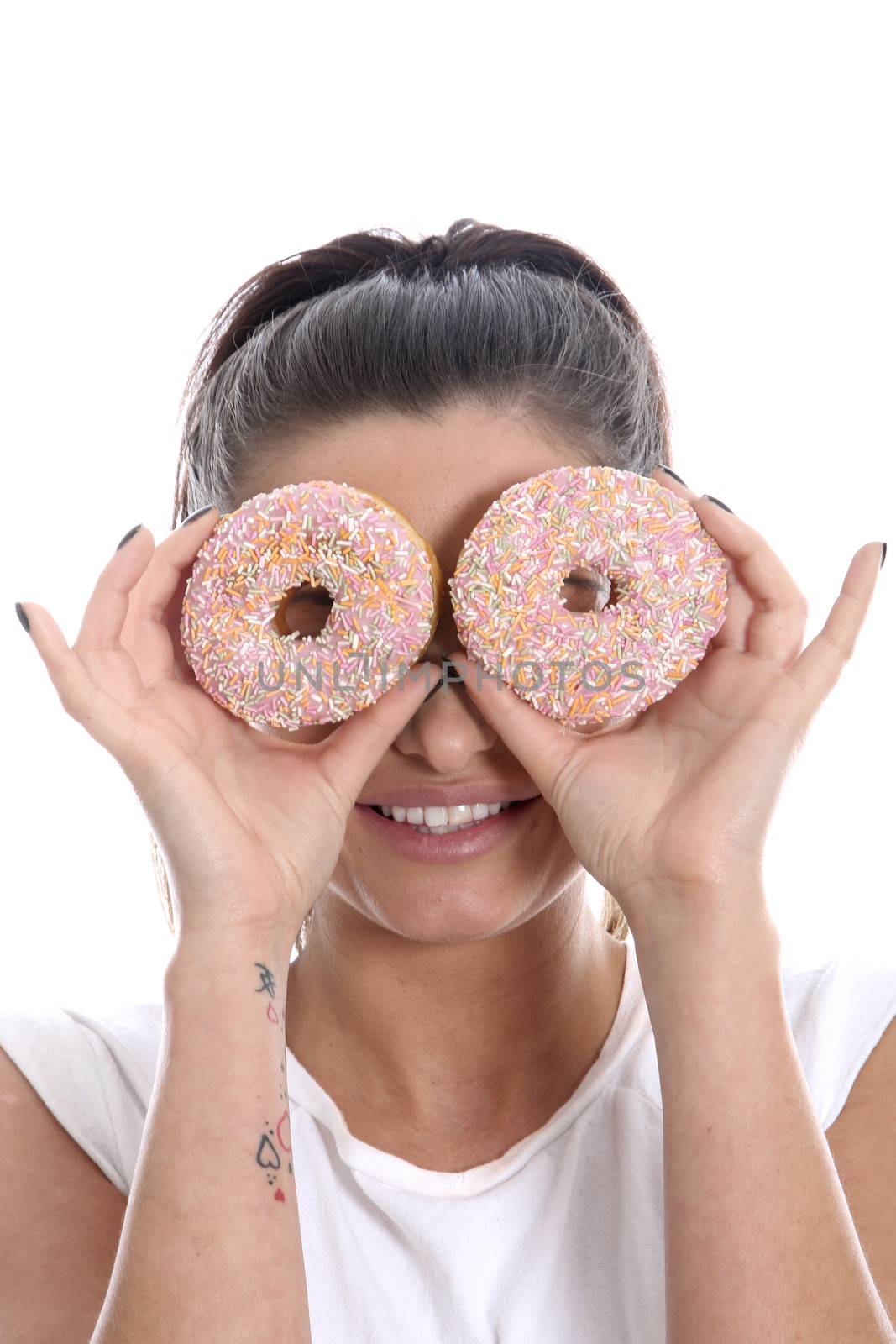 Model Released. Young Woman Holding Ring Donuts