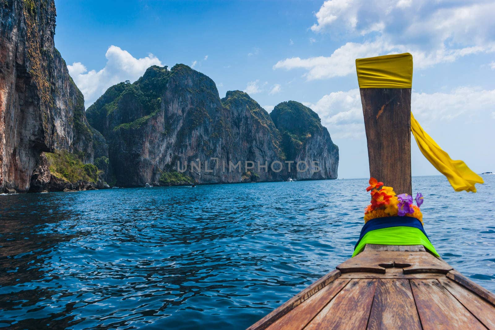 Boats at sea against the rocks in Thailand. Phi Phi Island