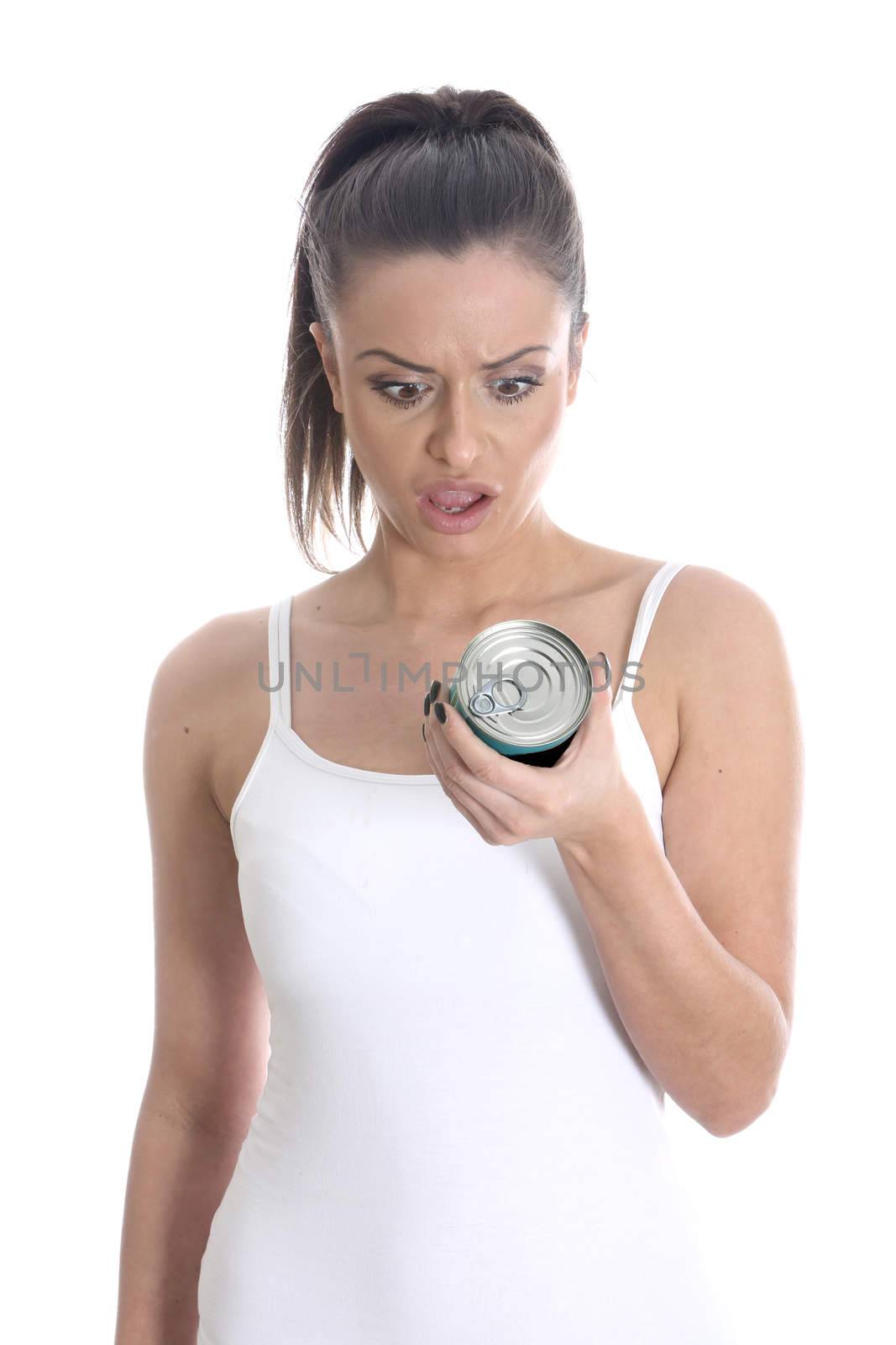 Model Released. Young Woman Checking Food Can