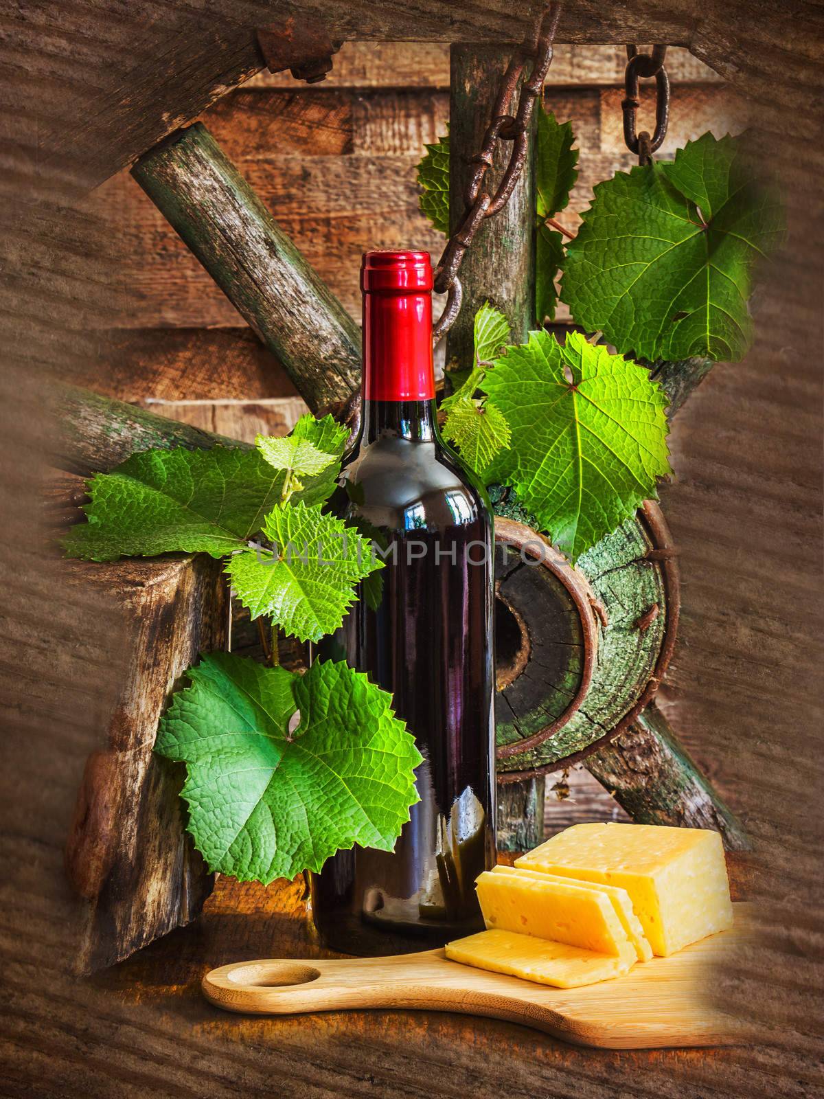 A bottle of wine on the background of the vine by oleg_zhukov