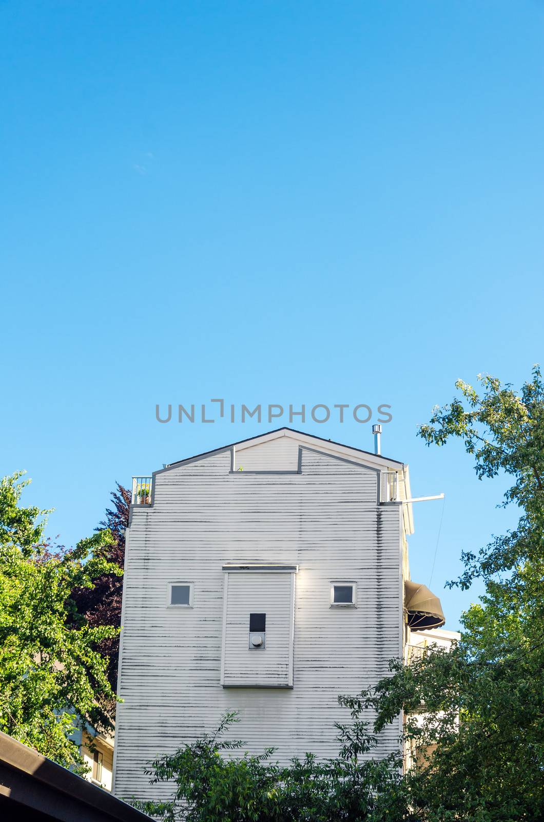 Side of an old house with trees set against a beautiful blue sky in Portland, Oregon