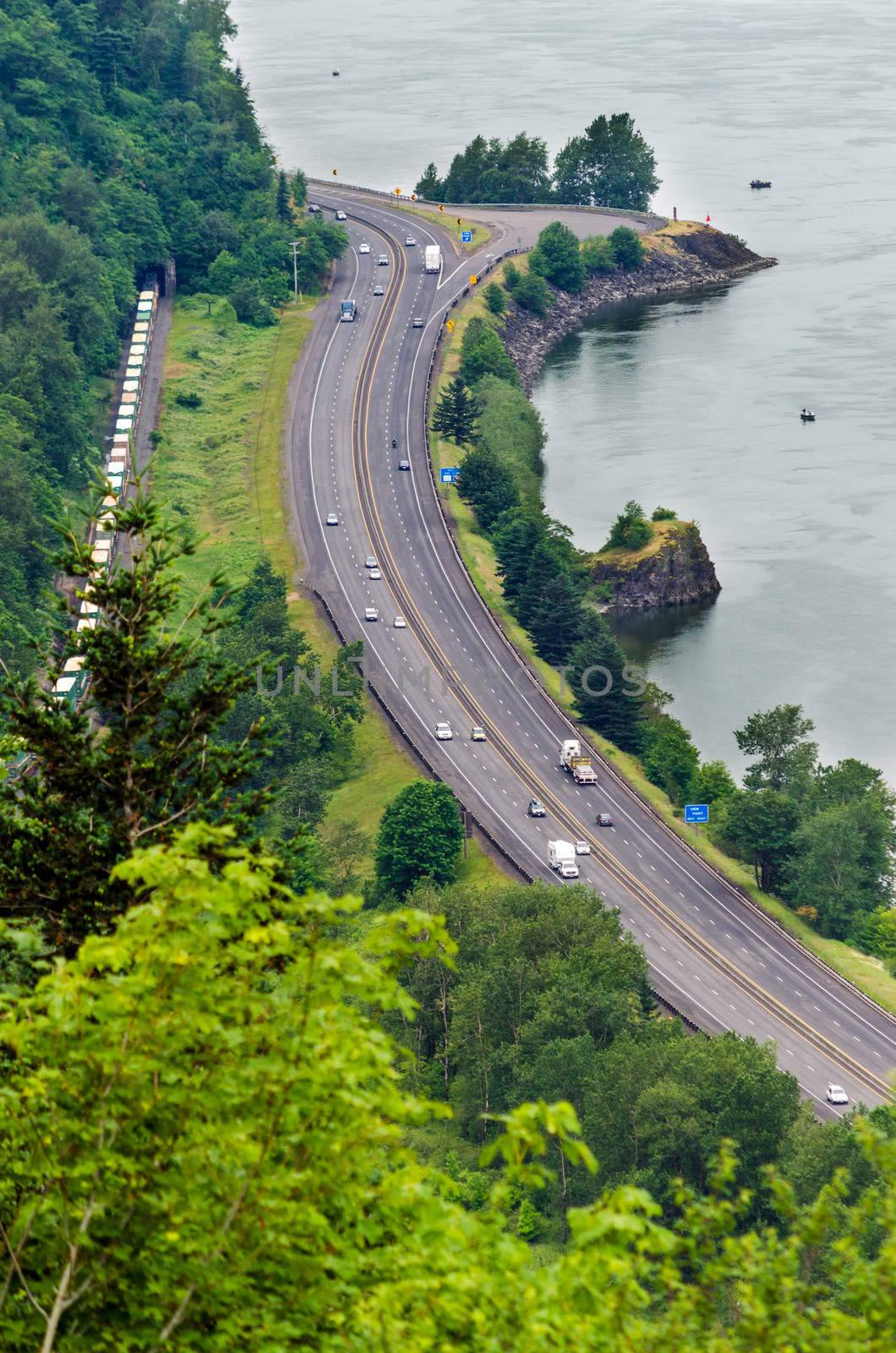 Interstate 84 running through the Columbia River Gorge in Oregon