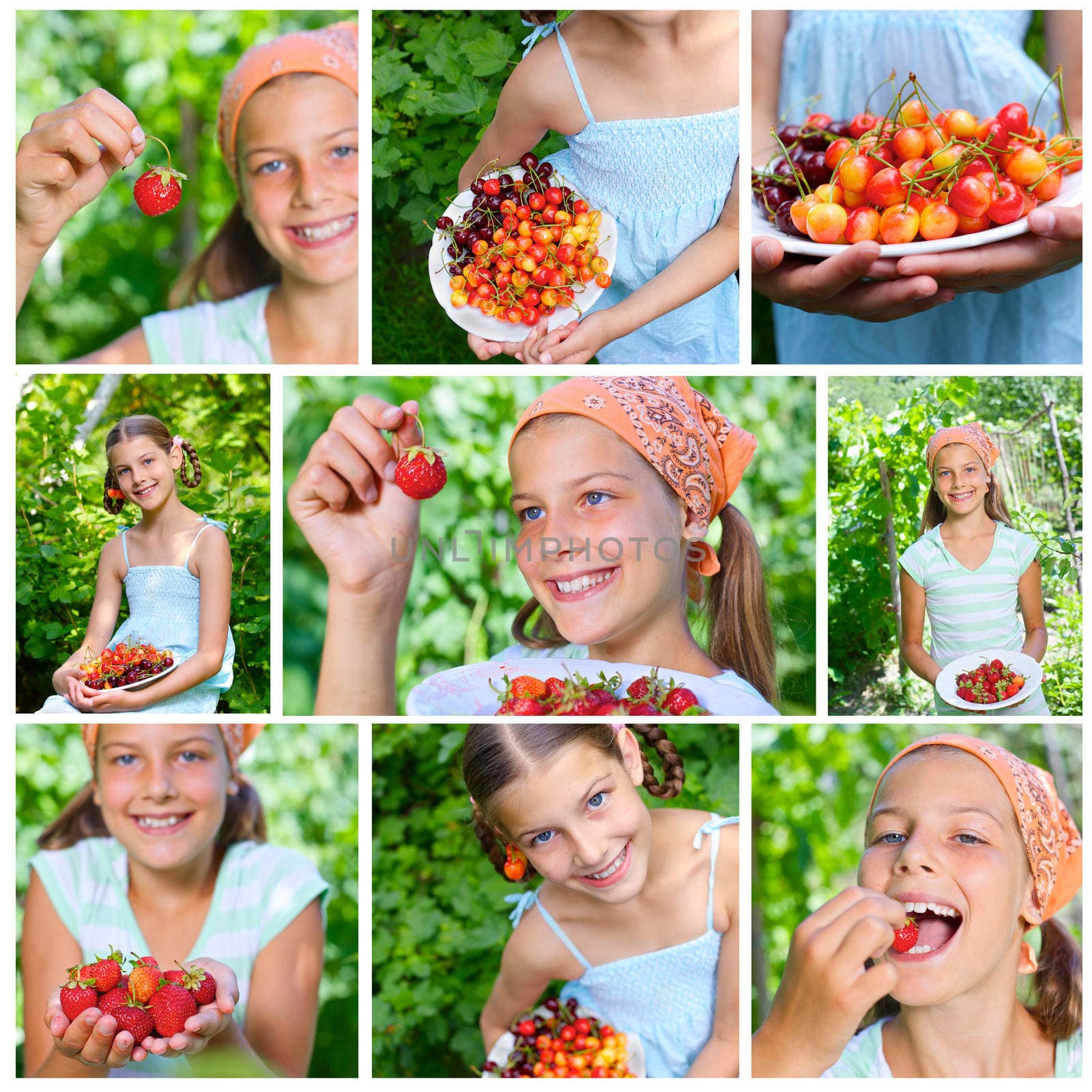 Collage of images beautiful little smiling girl eating cherries and strawberries in garden