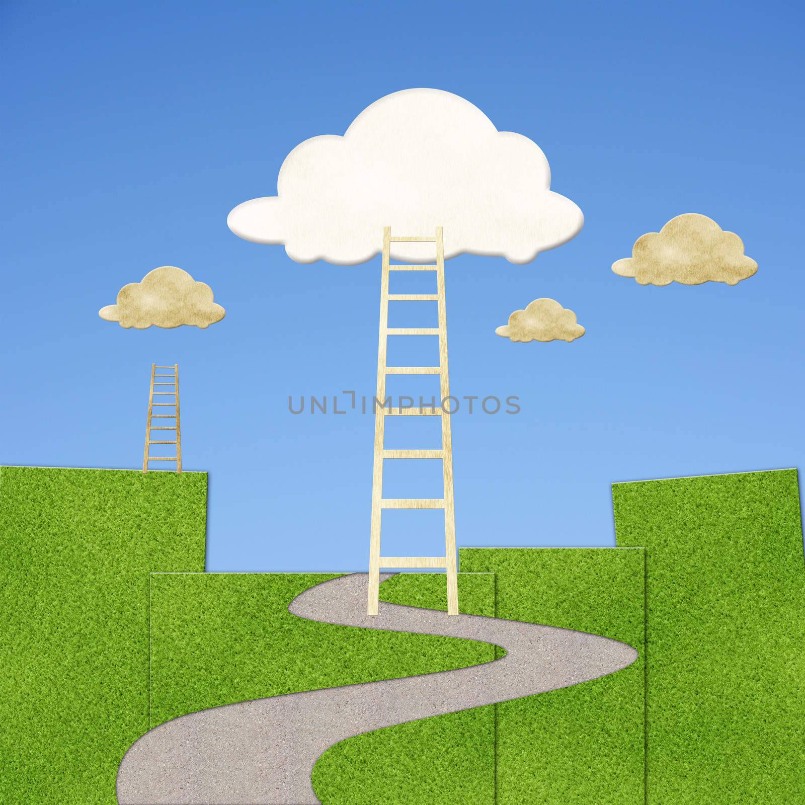 Clouds with ladder over grassland and road, concept about clouds, competition, successful etc.