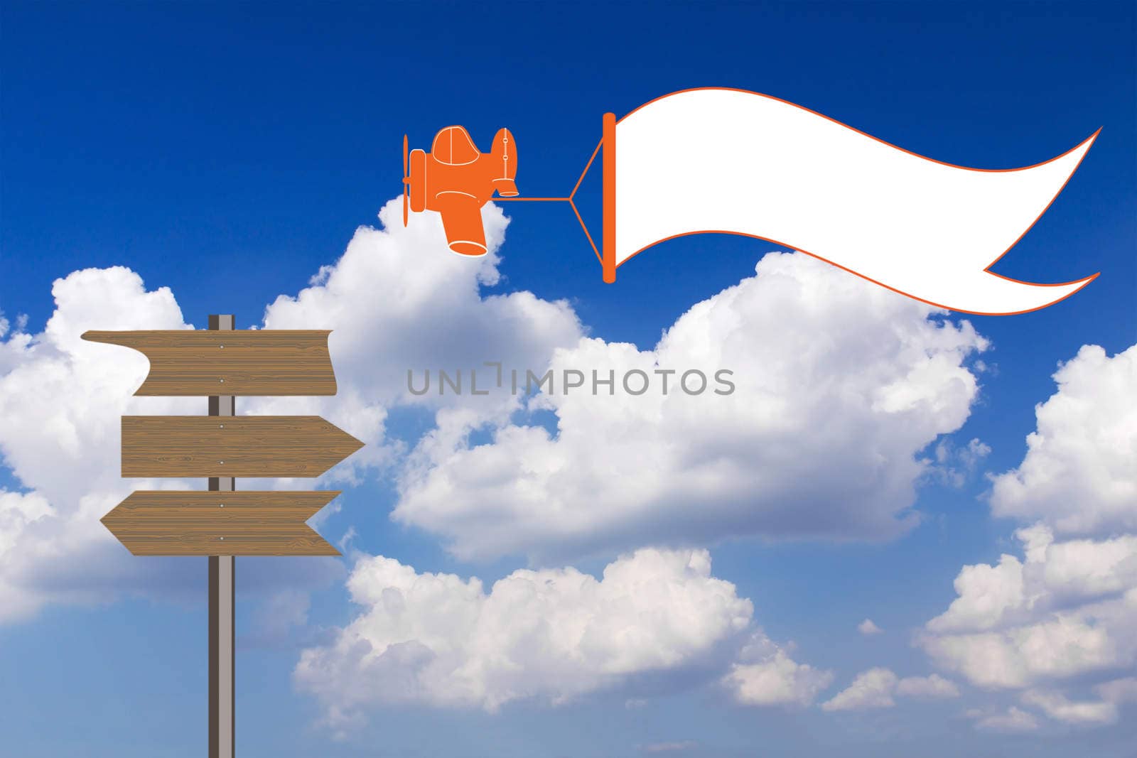 Cartoon aircraft pulling advertisement blank banner against blue sky background