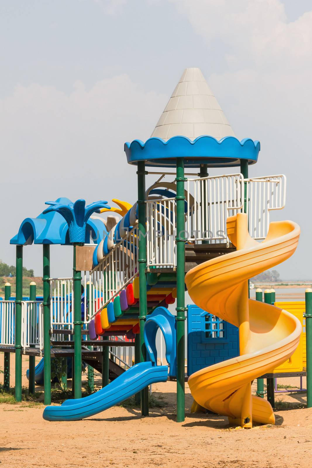 Modern children playground in park without children