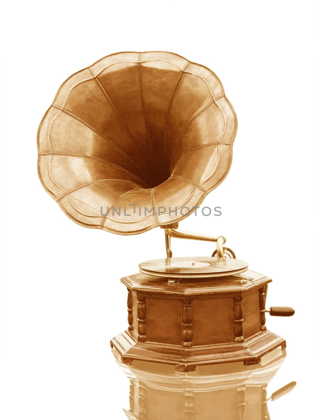 Vintage Gramophone with disc isolated on grunge background