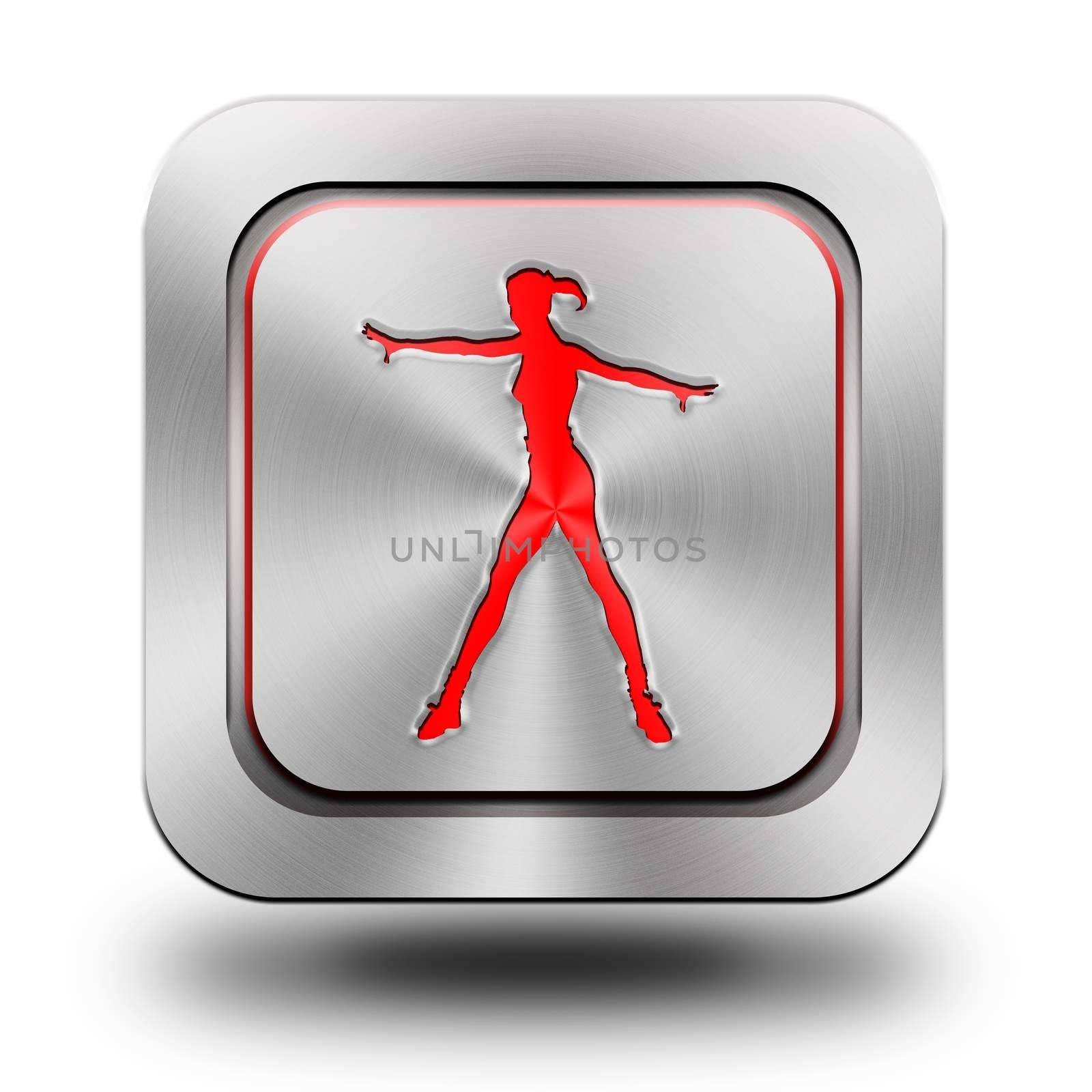 Fitness silhouettes, brushed aluminum or stainless steel, glossy icon, button, sign