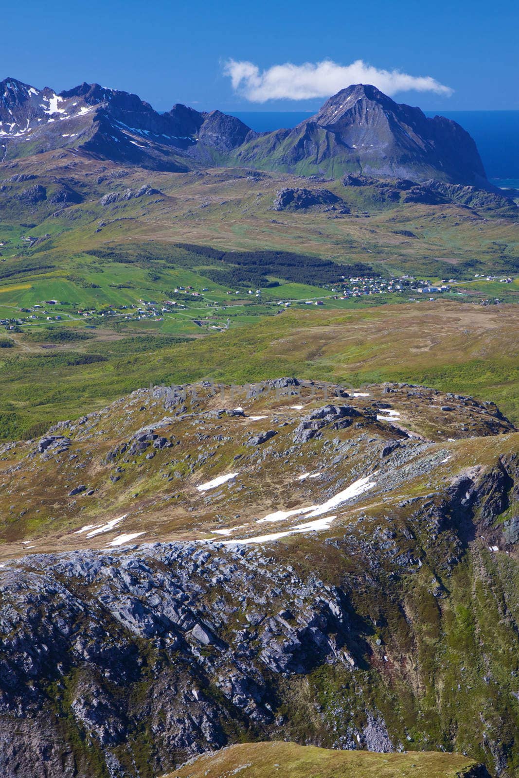 Scenic panorama of mountains on Lofoten islands in Norway on sunny summer day