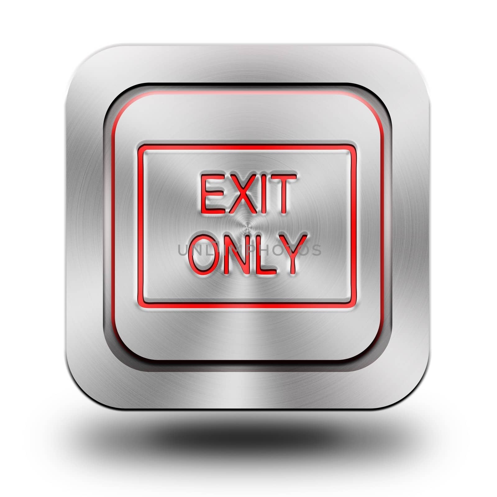 Exit only, brushed aluminum or stainless steel, glossy icon, button, sign