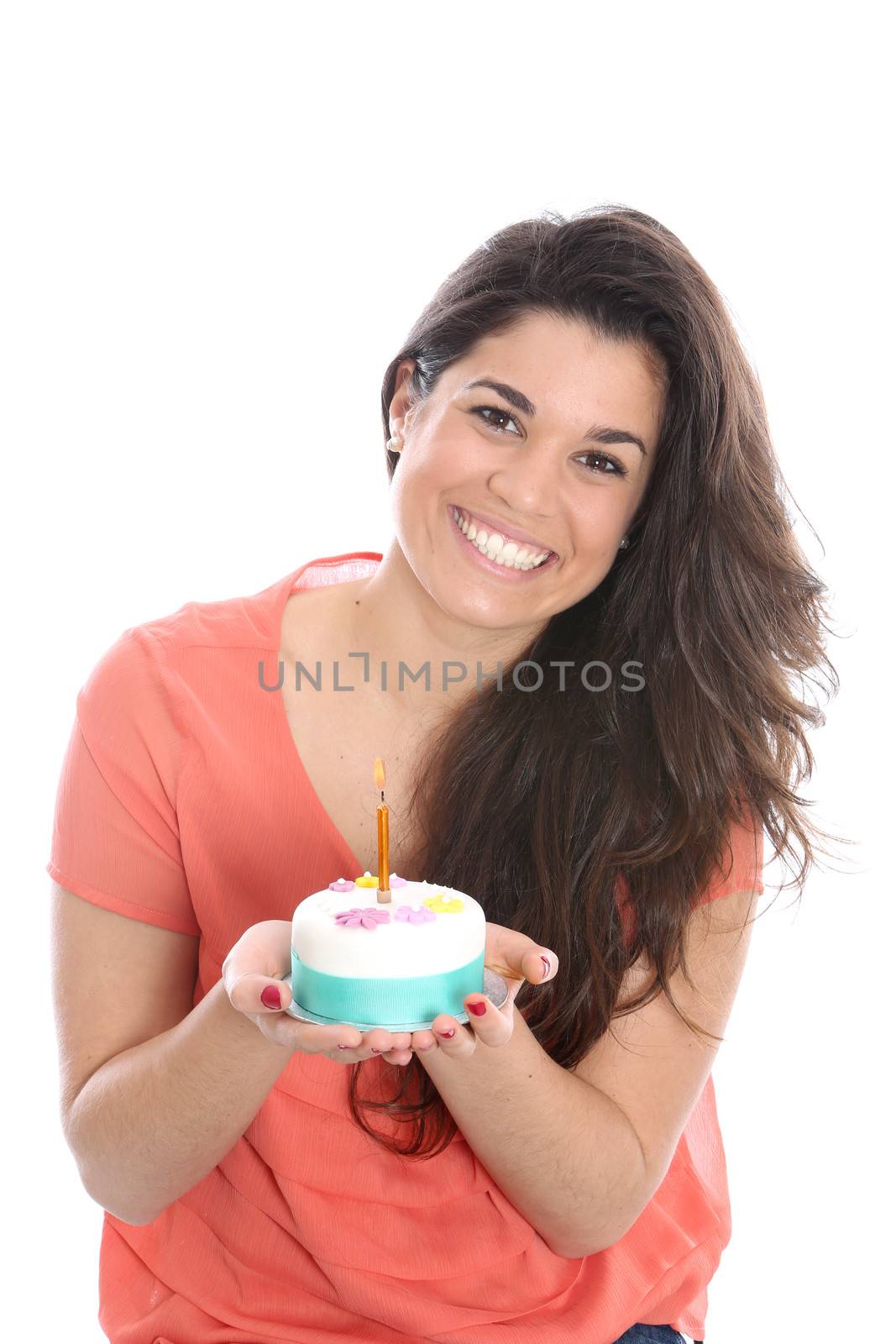 Model Released. Young Woman Holding a Birthday Cake with a Candle