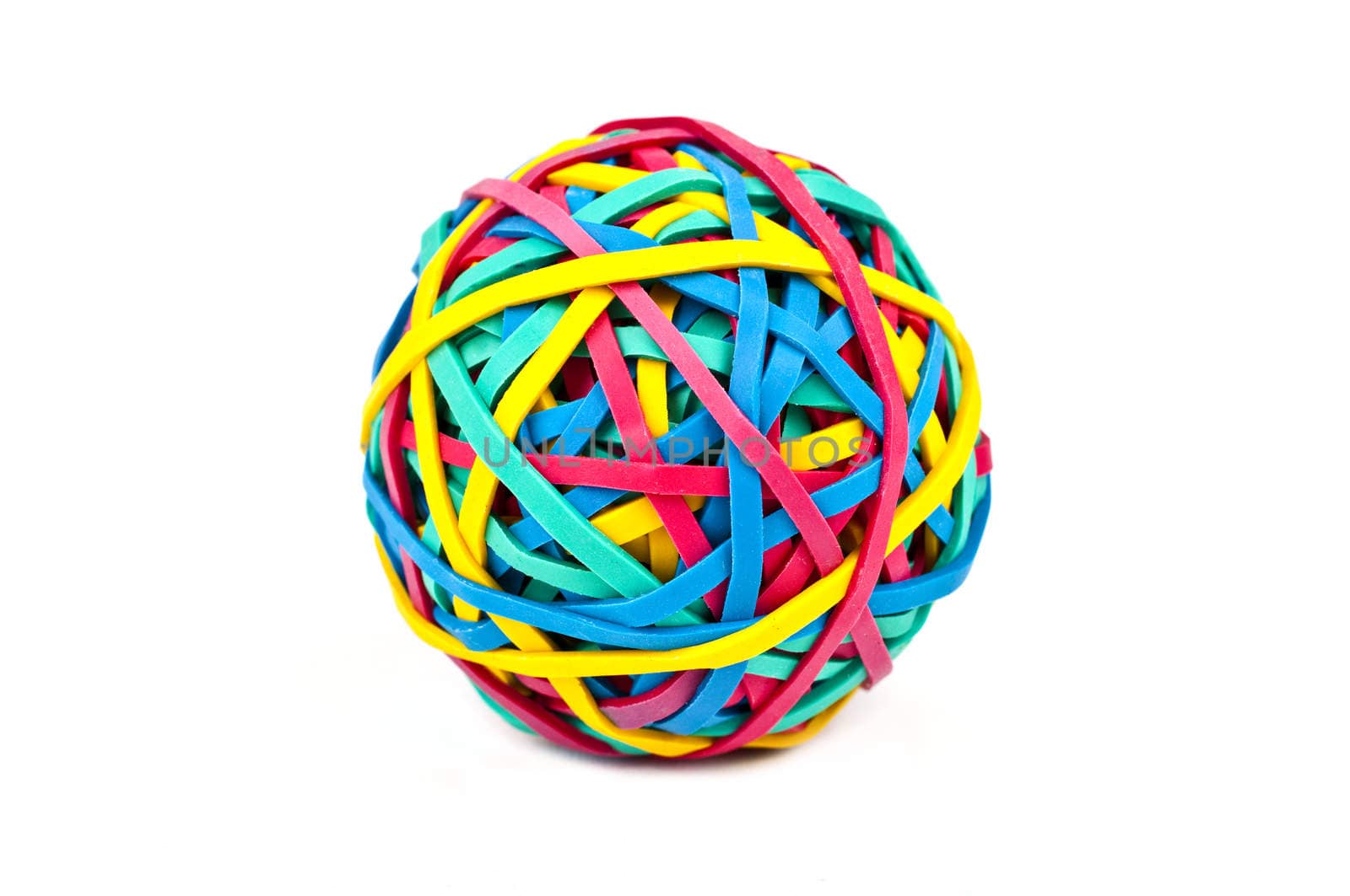 A ball made up from Rubber/Elastic Bands over a white background.