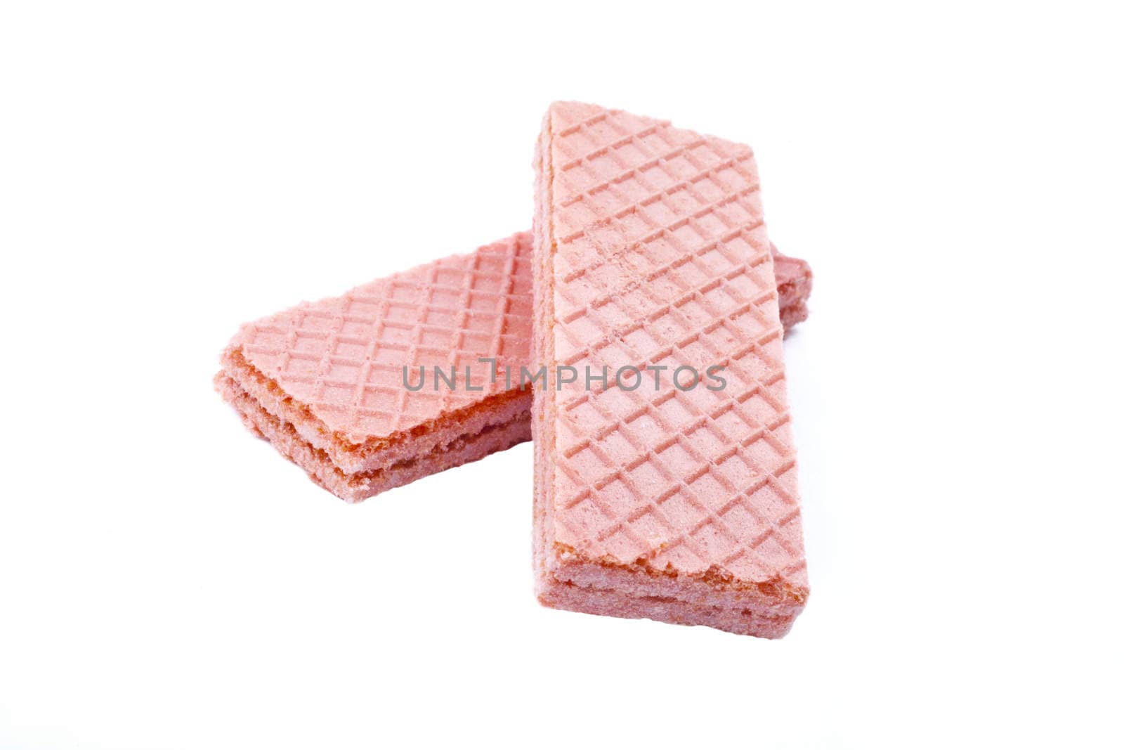 Two Pink Wafer snacks over a white background.