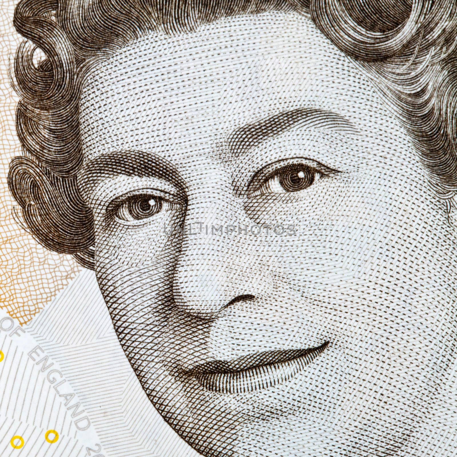 Close-up of the Queen on an English Banknote.