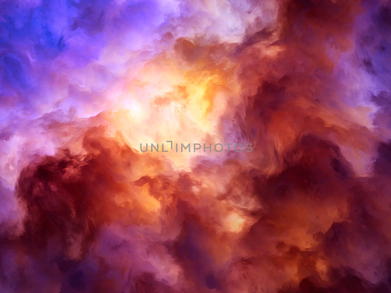 Surreal, storm clouds shading from dark purples and reds to oranges and yellows symbolizing a range of concepts such as creation, the birth of stars, or an ominous maelstrom.