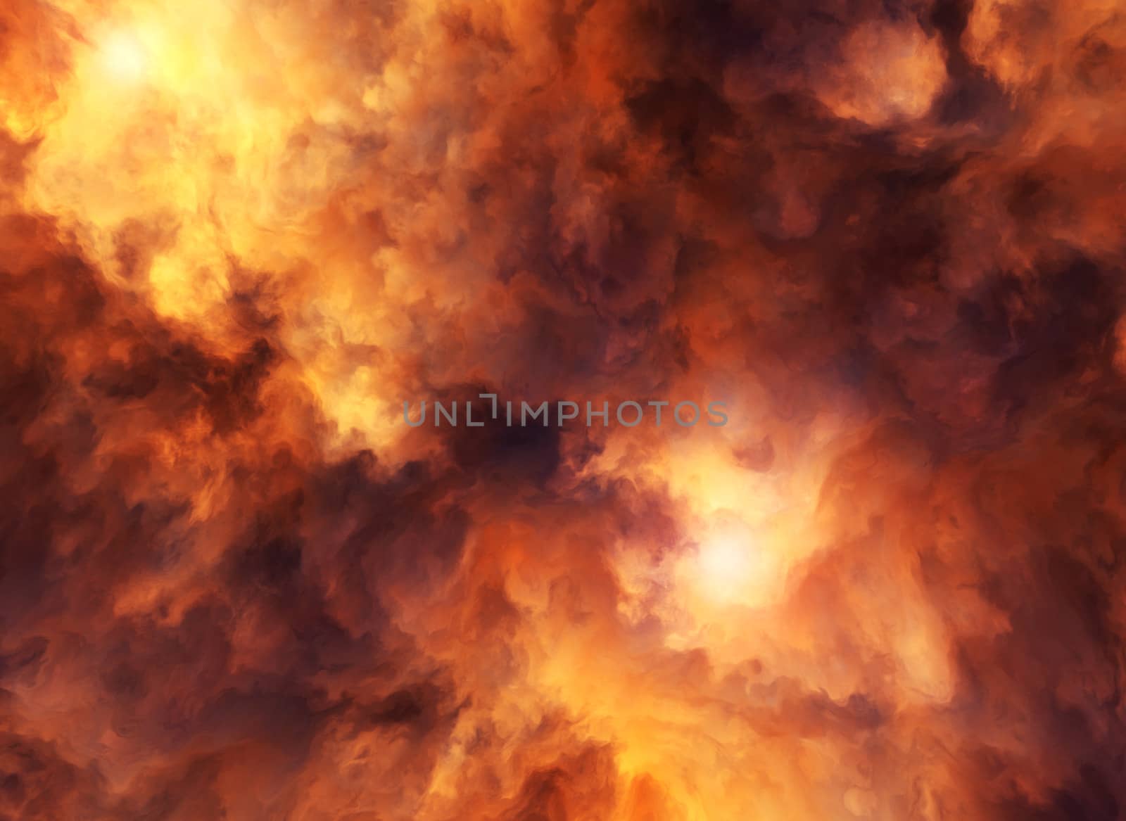 Illustrated roiling red and yellow clouds representing intense energy, massive explosion or fiery conflagration.