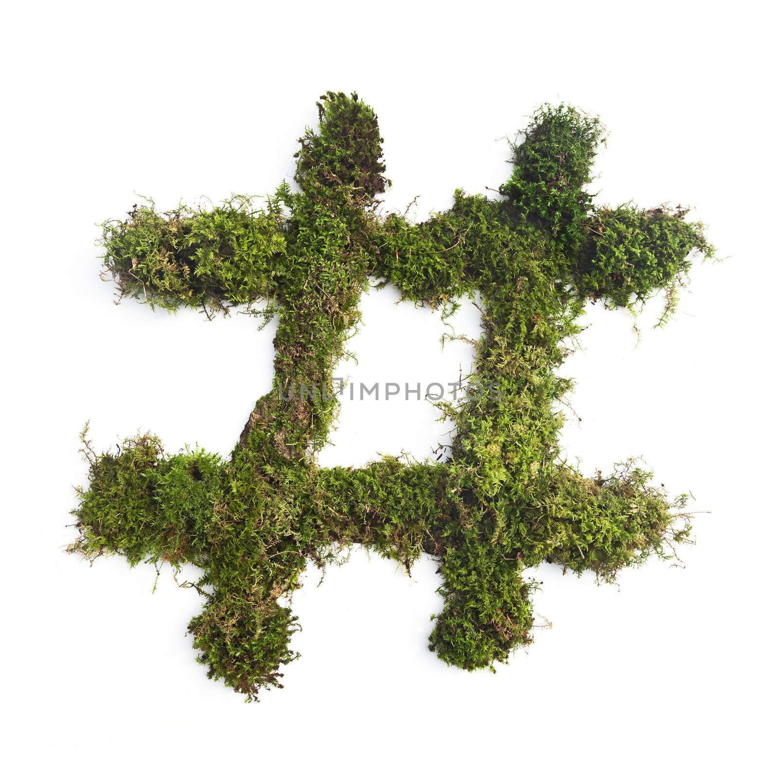a hashtag symbol made of moss.