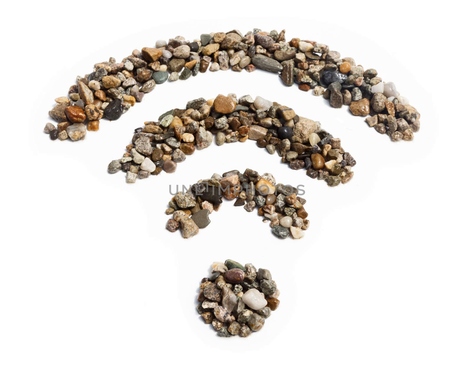 A wifi symbol made of wet pebbles and stones against a white background.