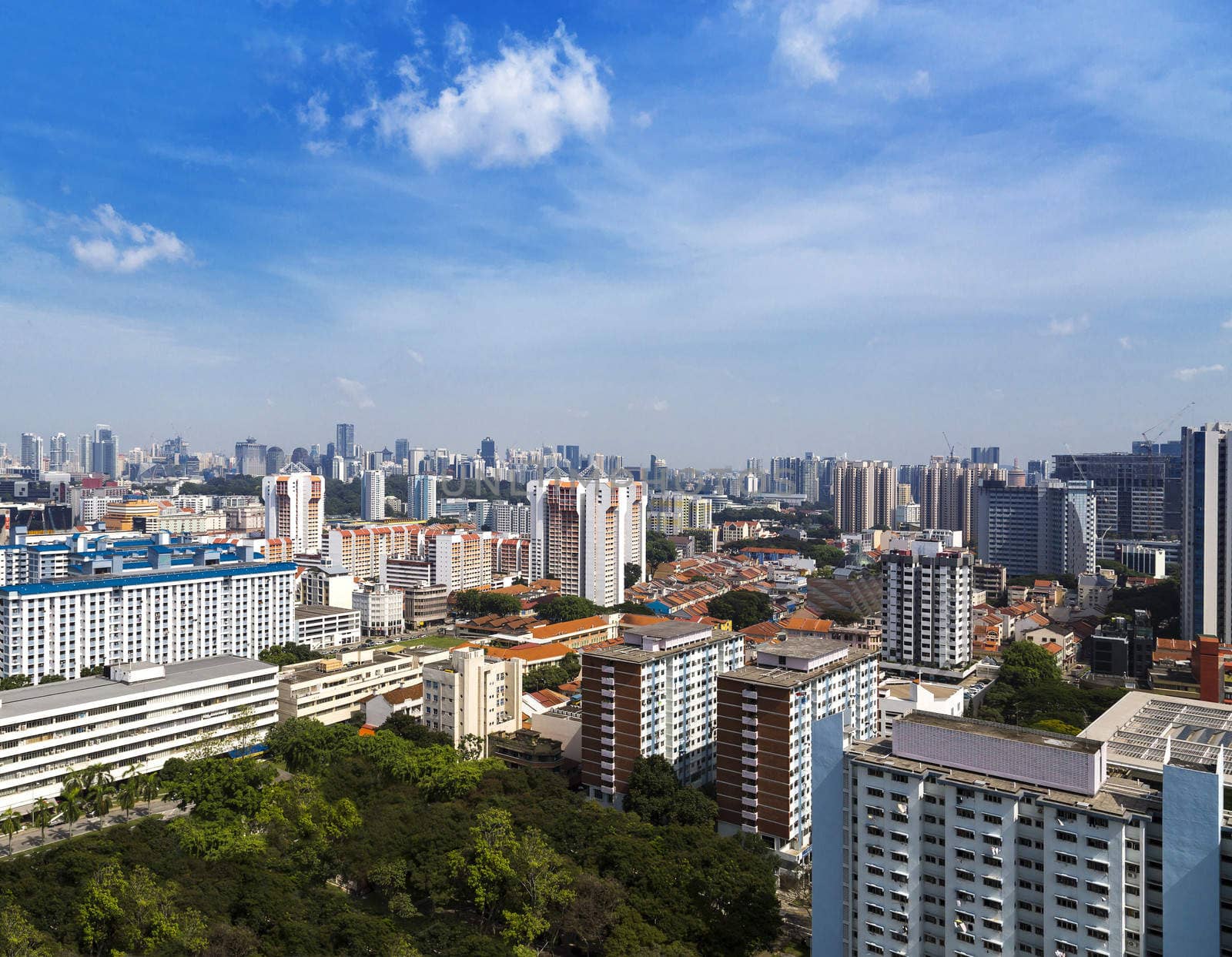 High angle view of a cluster of colourful flats in residential District next to a park- Singapore