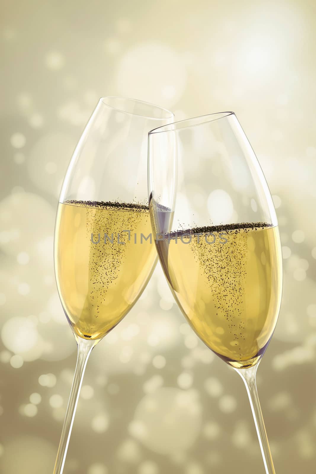 An image of two Champagne glasses on light bokeh background