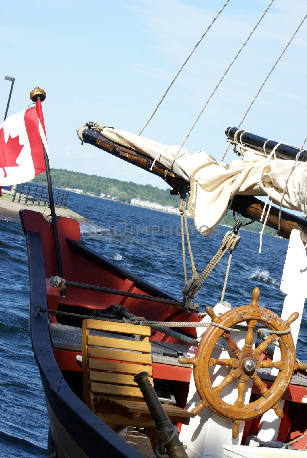 A docked ship at the waterfront with the Canadian flag.