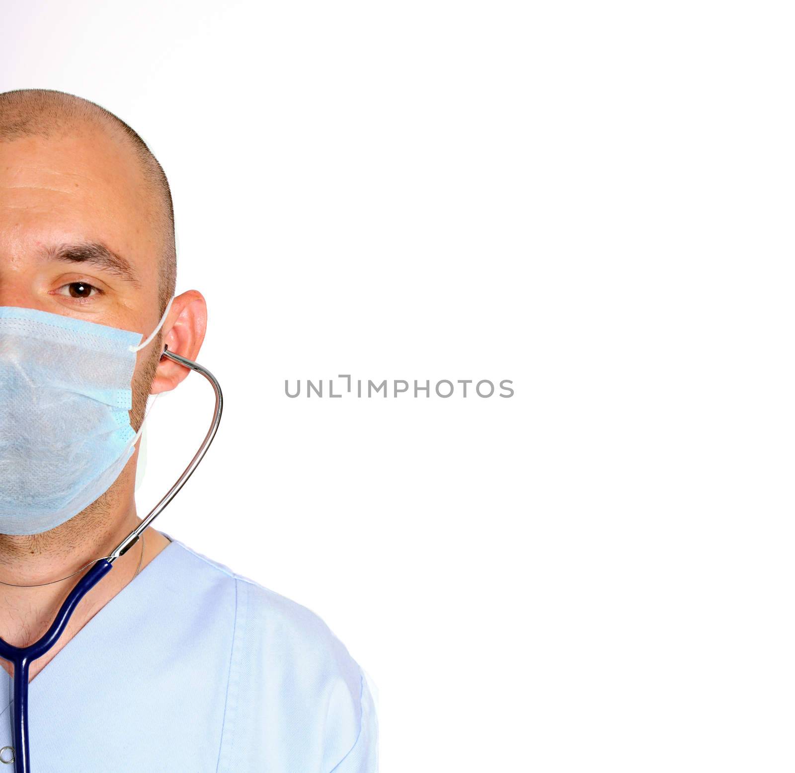 half face doctor with mask over white background