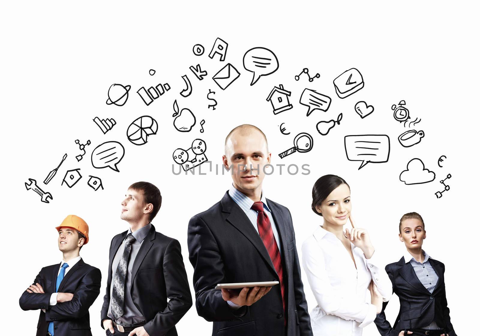 Image of young businesspeople team. Collage background