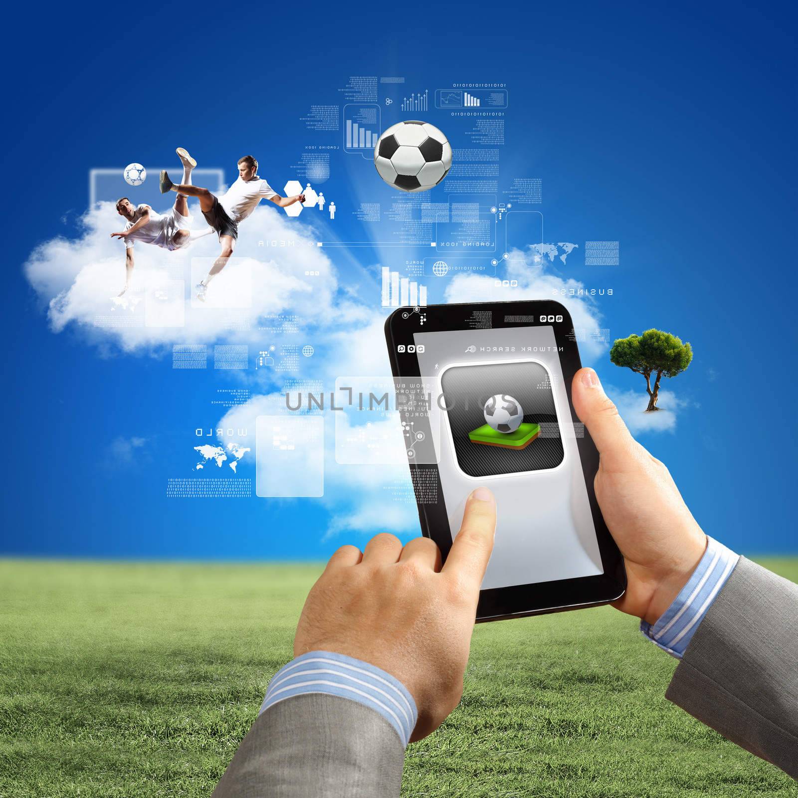 Close-up image of man's hands holding tablet pc with picture of ball