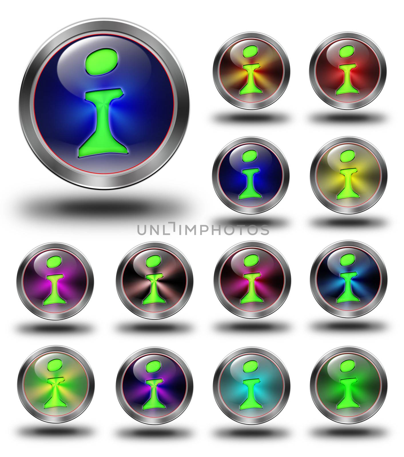 Info, glossy icon, button, crazy colors, Glossy metallic buttons.