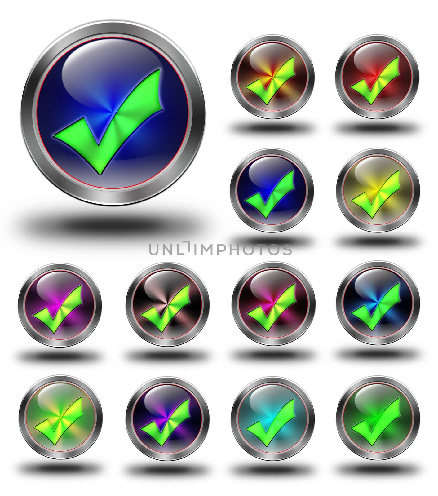 Approved, glossy icon, button, crazy colors, Glossy metallic buttons.