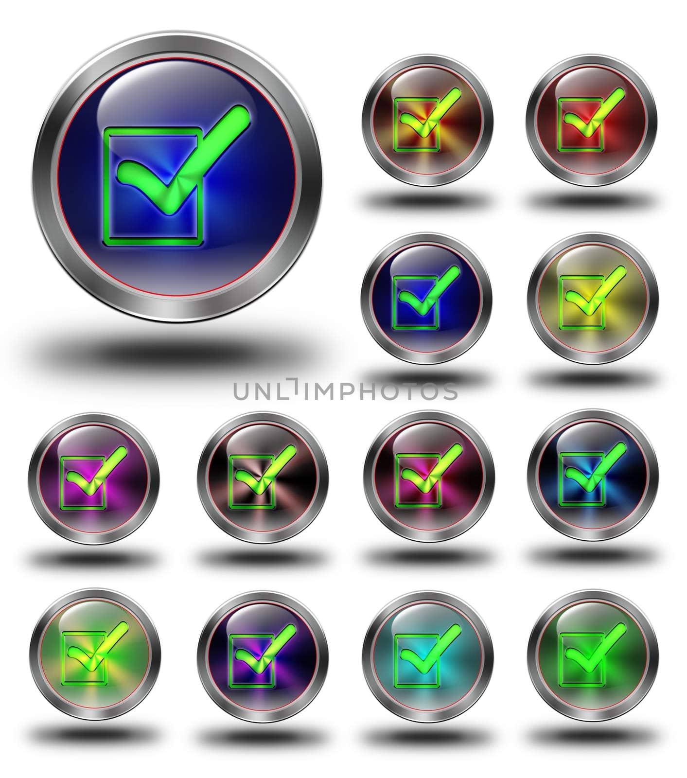 Approved, glossy icon, button, crazy colors, Glossy metallic buttons.
