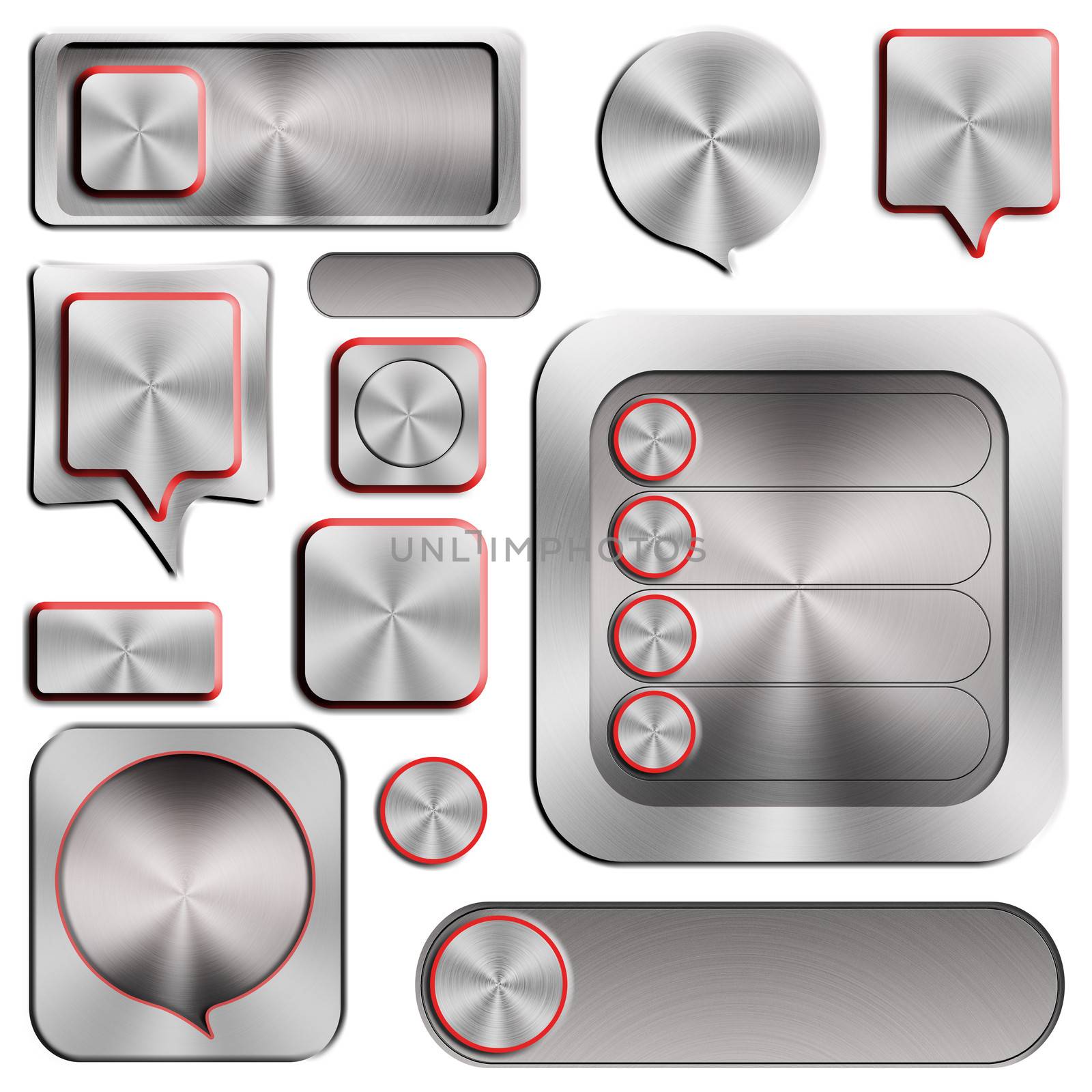 set of modern aluminum buttons in different sizes and shapes