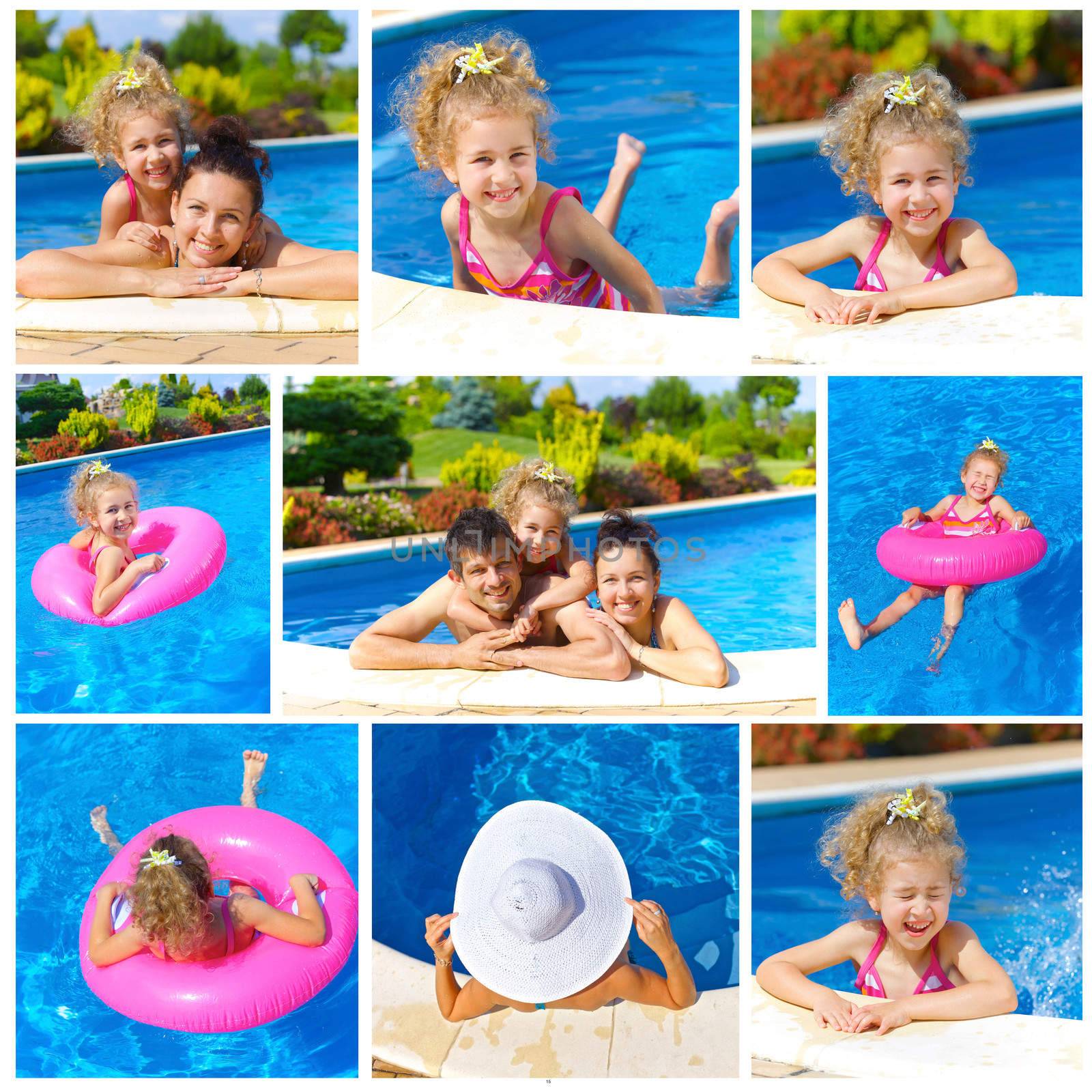 Collage of images pretty little girl with her parent in swimming pool outdoors
