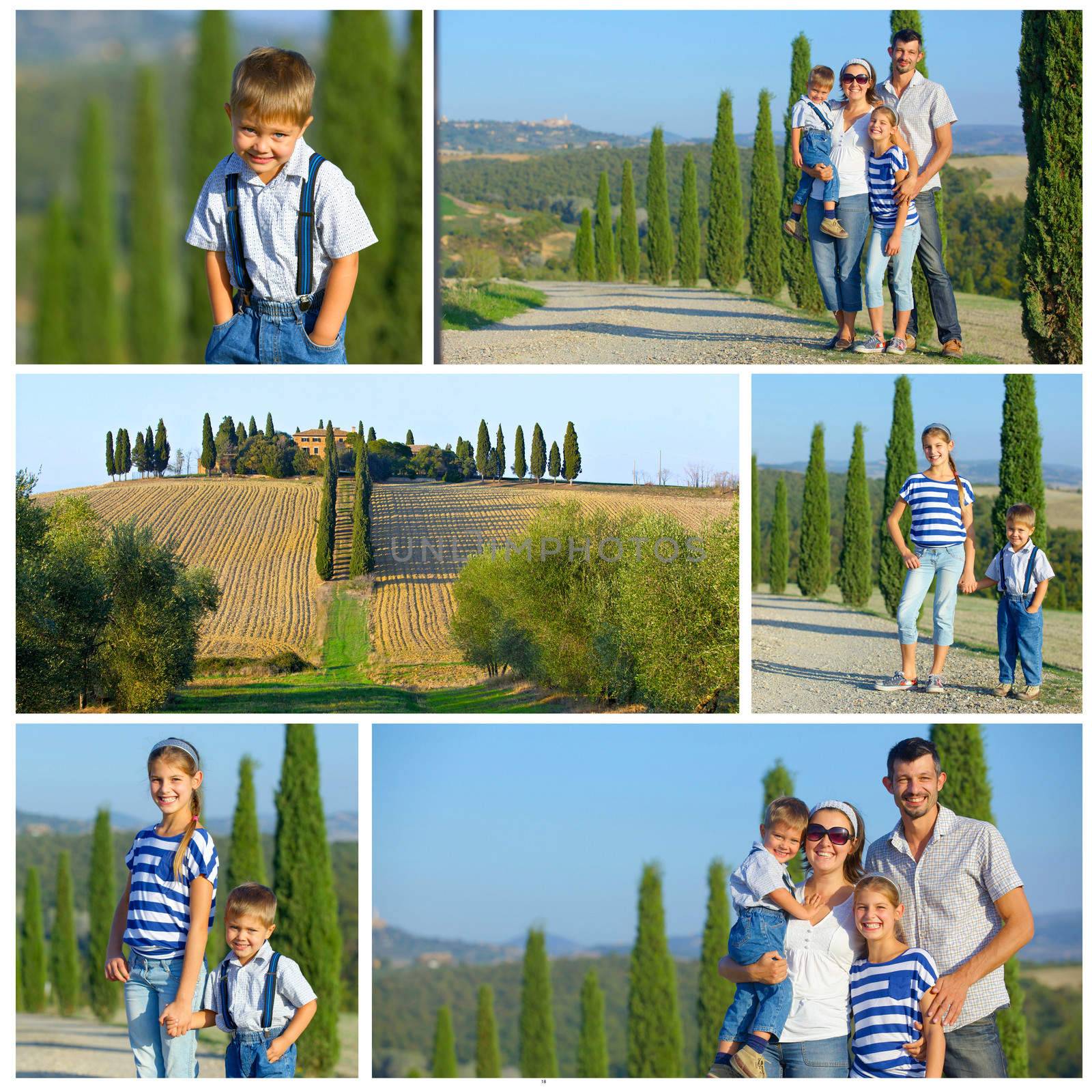 Collage of images happy family having fun on vacations in Tuscan against cypress alley background