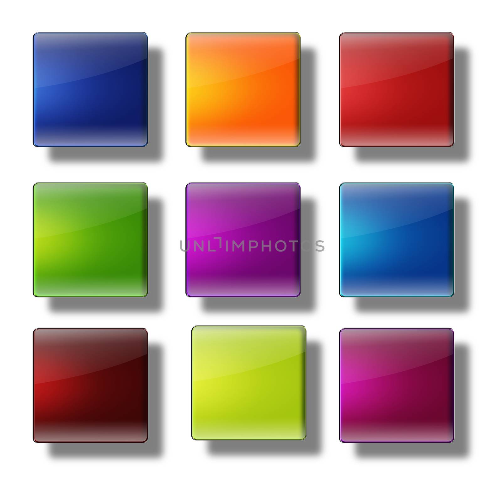 Set of web buttons made of glass, shiny, colorful, squares