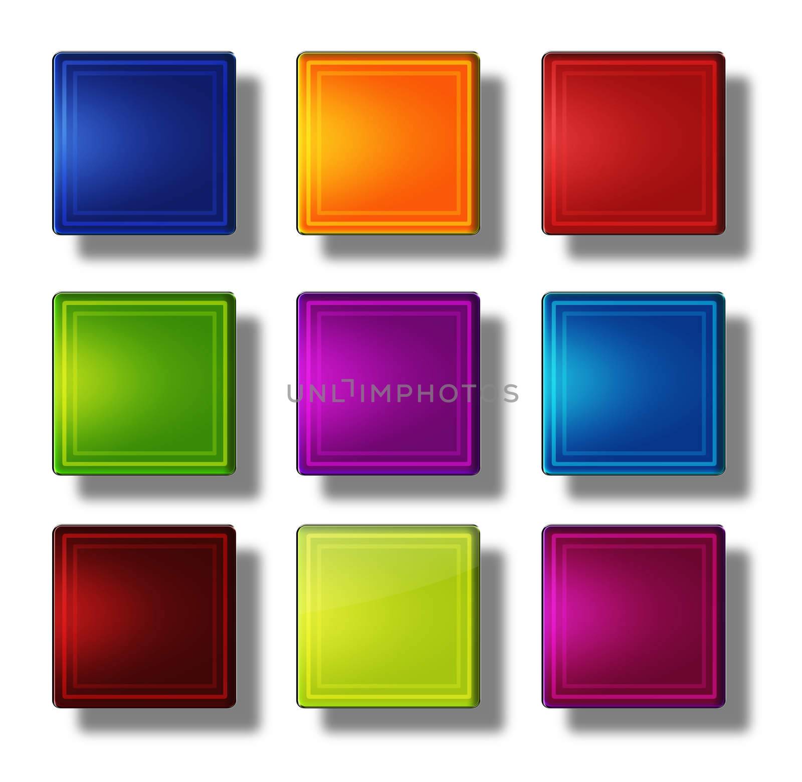 Set of web buttons made of glass, shiny, colorful, squares