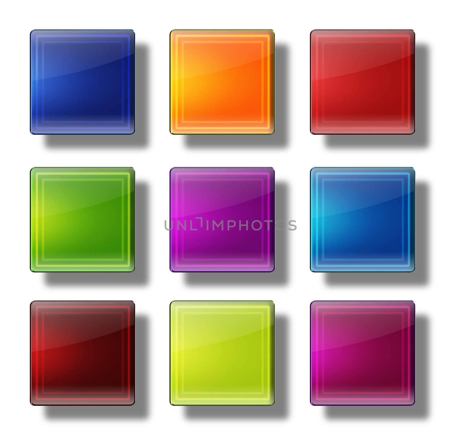 Set of web buttons made of glass, shiny, colorful, squares