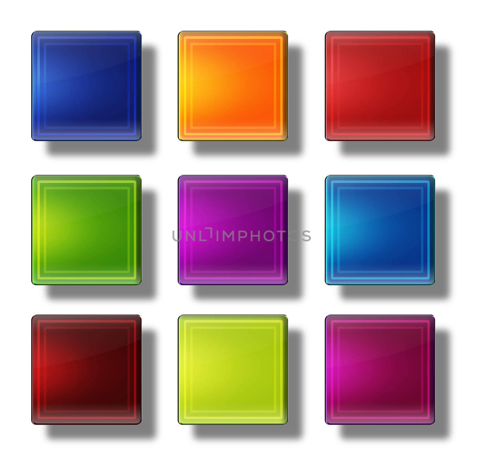 Set of web buttons made of glass, shiny, colorful, squares