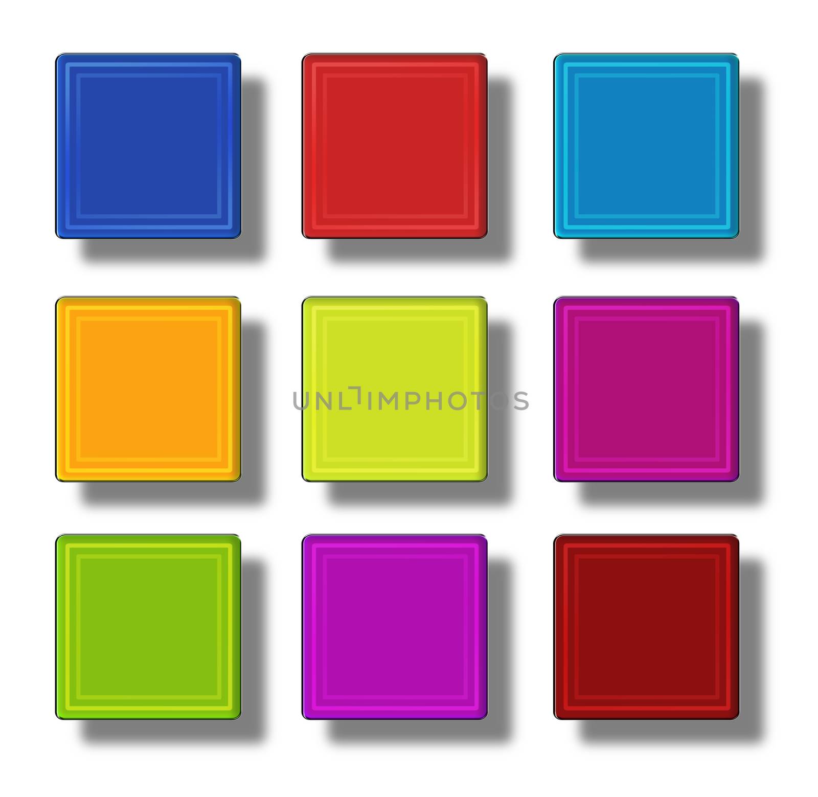 Set of web buttons made of glass, shiny, colorful, squares