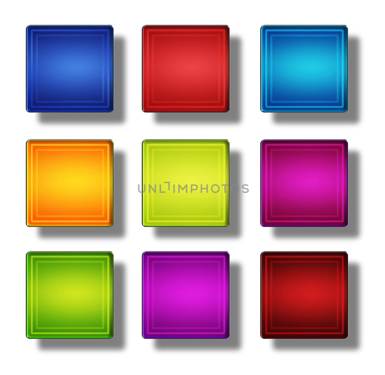 Set of web buttons made of glass, shiny, colorful, squares