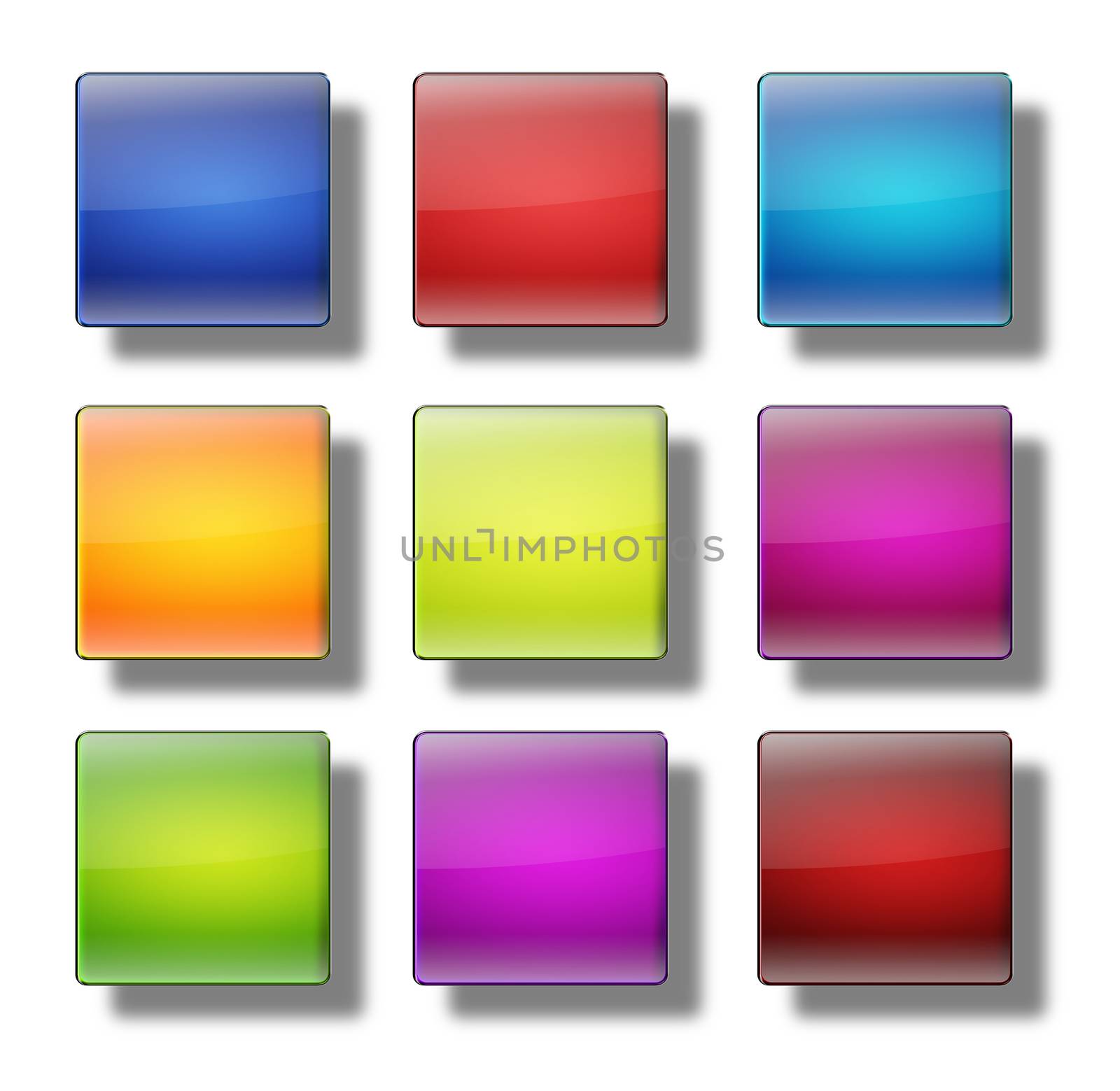 Set of web buttons made of glass, shiny, colorful, squares