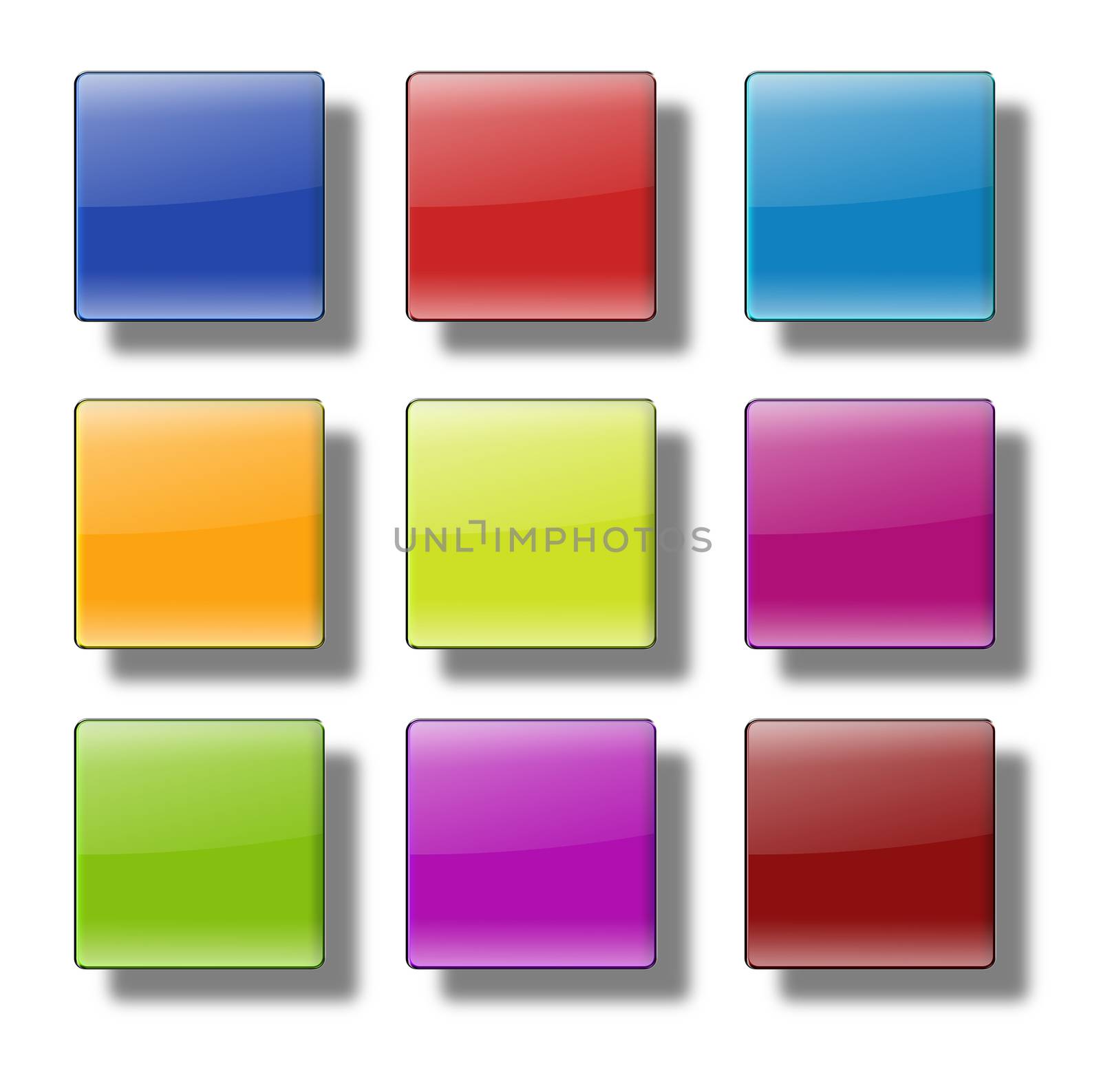 Set of web buttons made of glass, shiny, colorful, squares