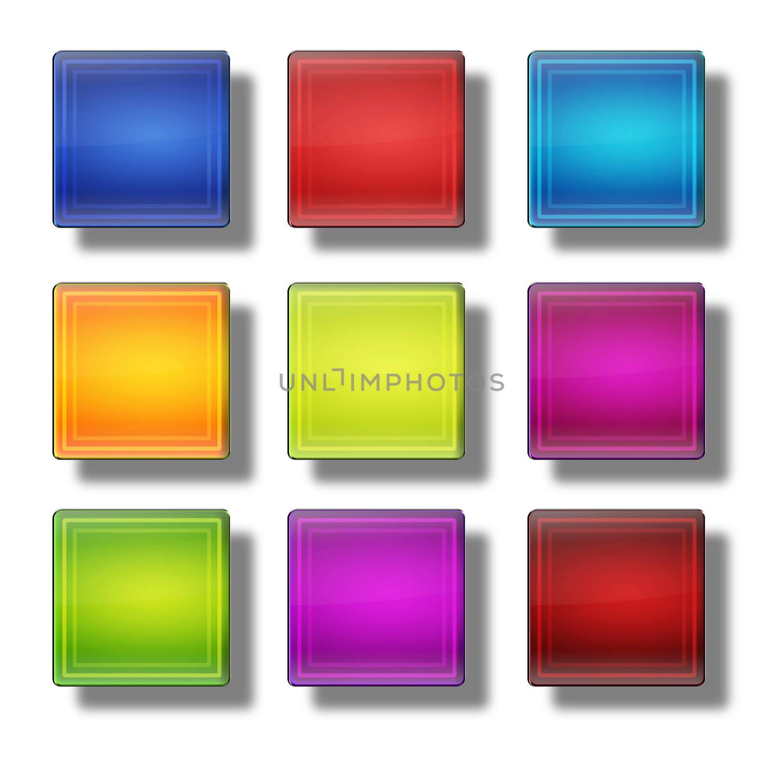 Set of web buttons made of glass, shiny, colorful, squares